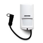 White motion sensor alarm with black cord on a white background