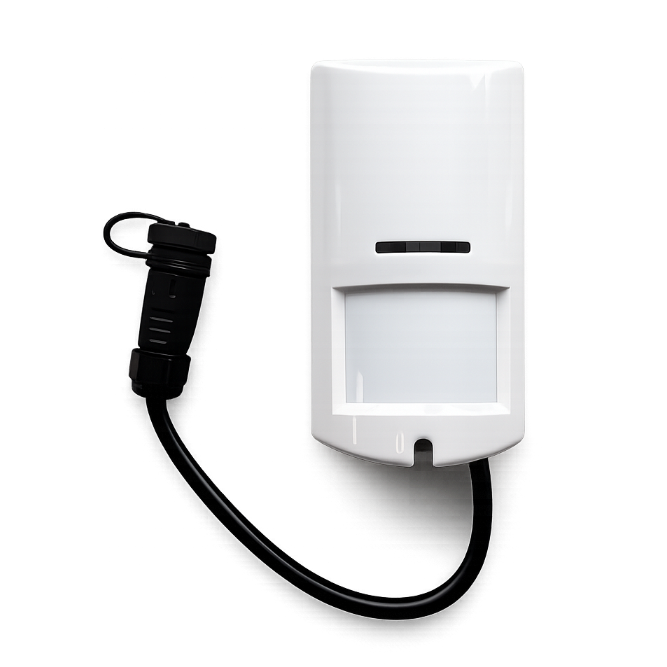 White motion sensor alarm with black cord on a white background
