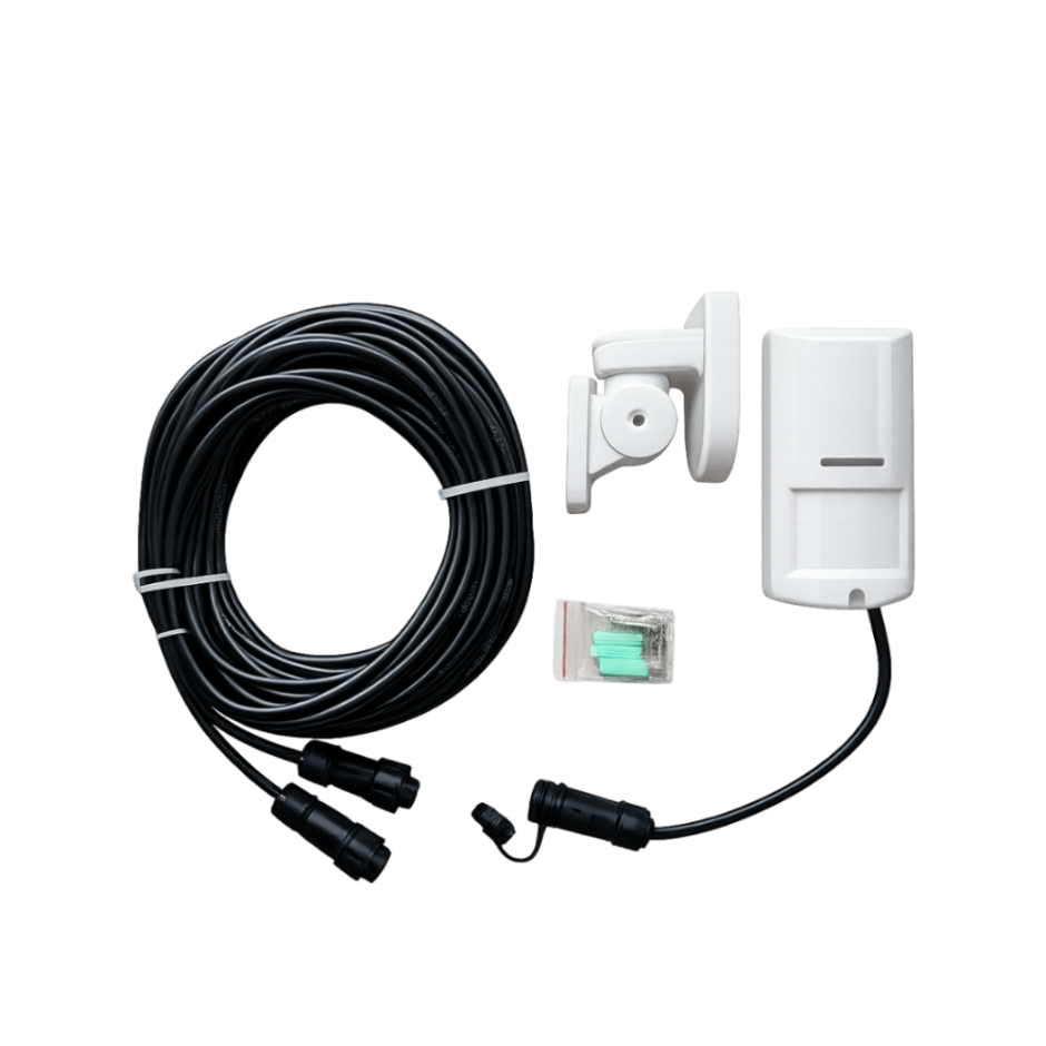 Outdoor motion sensor system with cable and accessories on a white background