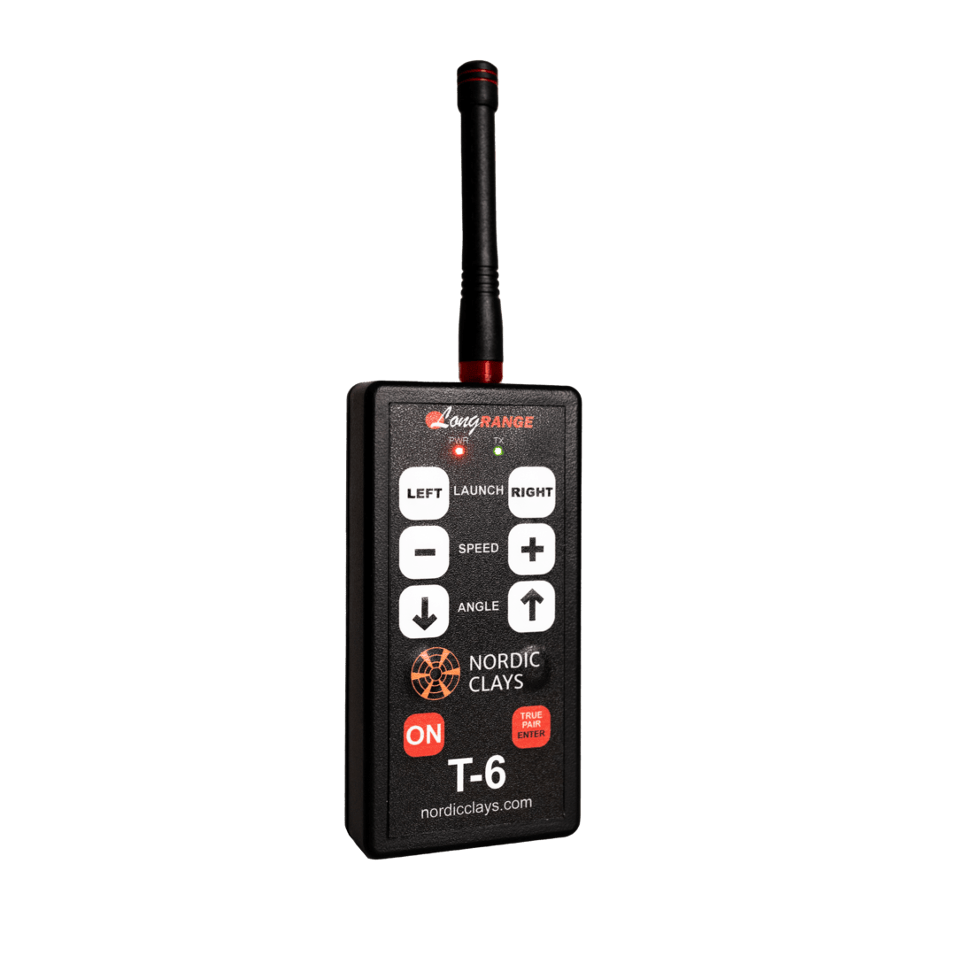 Black Nordic Clays remote control device with buttons and branding on a transparent background